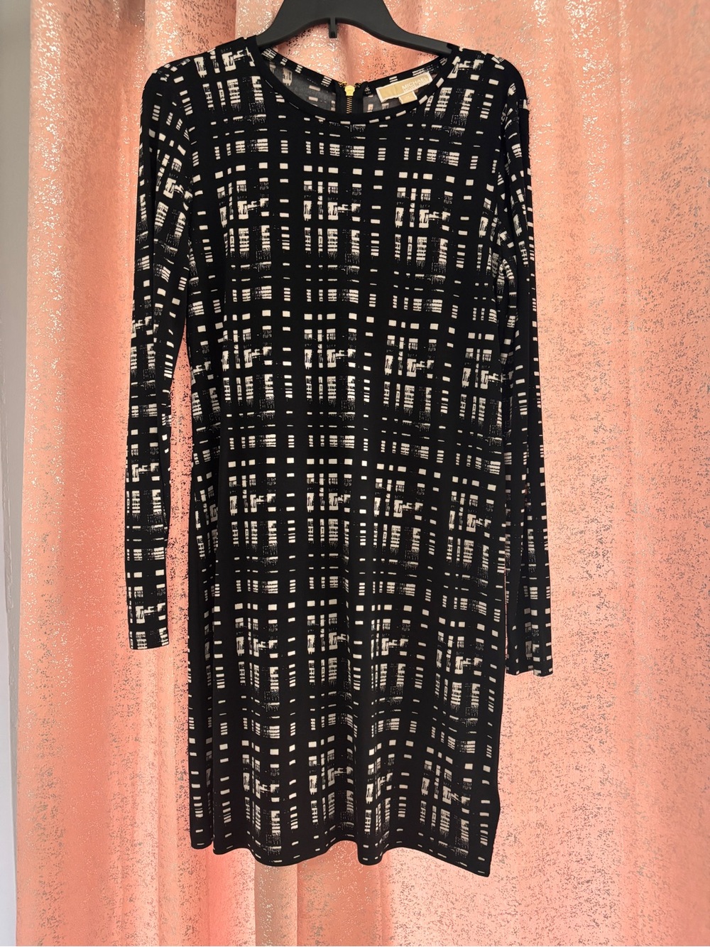 Michael Kors Black and White Long-Sleeve Plaid Shift Dress